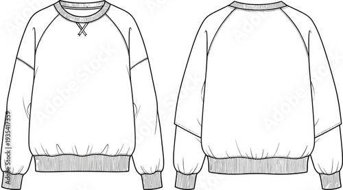 Raglan sweatshirt mockup, front and back view, blank crew neck pullover template isolated on white background illustration