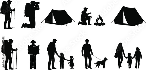 Camping and family silhouette set vector, hikers tents campfire parents children dog isolated on white background illustration collection