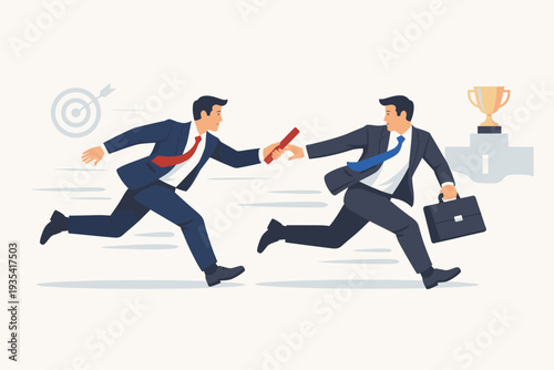 Businessmen in suits passing a baton in a relay race towards a trophy and target. Concept of teamwork, partnership, job handover, leadership succession, corporate competition, and success.