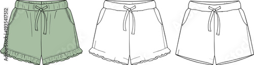 Fashion illustration showing three variations of women’s shorts design, including colored version with drawstring waistband and ruffled hem, plus technical sketches highlighting garment