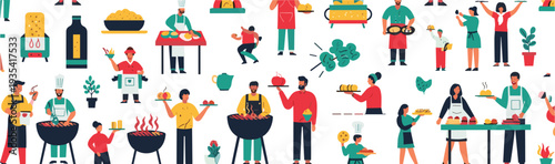 People cooking and barbecue activities collection with chefs, grilling food, serving meals and kitchen scenes flat vector illustration