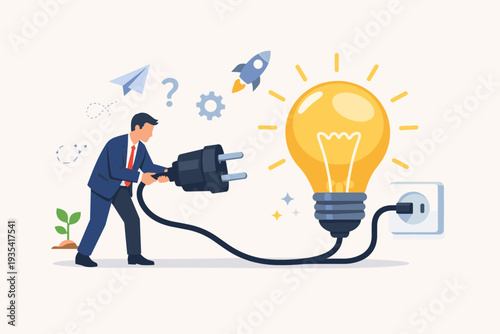 Businessman plugging in a giant glowing lightbulb representing creative ideas, innovation, and startup success. Concept of business solution, project development, and brainstorming process.