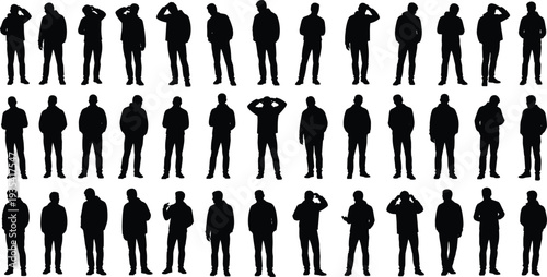 Collection of male silhouettes in casual standing poses and gestures, men character vector illustration isolated on background