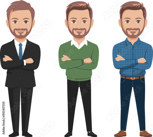Confident businessman character set vector illustration, smiling bearded man in different outfits isolated on white background