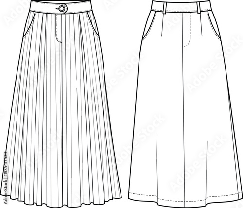 Women’s pleated midi skirt mockup, front and back view, high waist A line fashion template illustration isolated