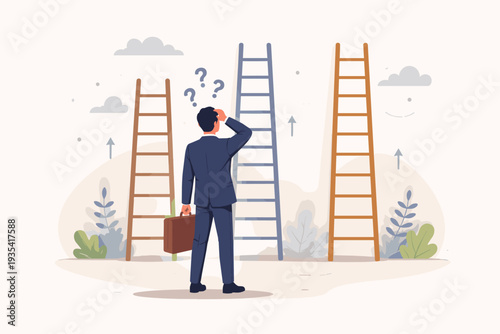 Businessman in suit with briefcase standing before three ladders, feeling confused and making a difficult decision. Concept of career path, corporate growth, and professional development.