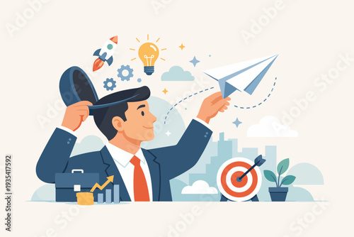 Businessman Opening His Head to Launch a Paper Airplane Representing a New Startup Idea, Innovation, Entrepreneurship, Creative Thinking, Strategic Planning, and Business Growth with Rocket.
