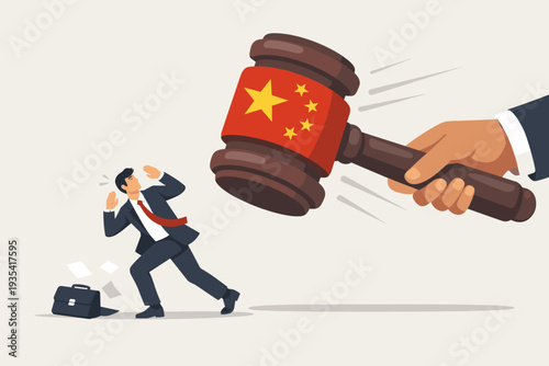 Chinese government regulations and crackdown concept with giant gavel with China flag striking a businessman. Legal pressure, corporate control, and new rules affecting business and economy.