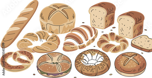 Bakery bread set with baguette, croissant, bagel, pretzel, loaf, buns, healthy organic sourdough, whole grain wheat, pastry collection, food vector illustration, isolated.