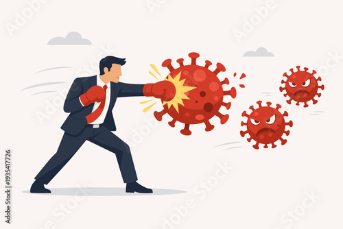 Businessman in suit and boxing gloves punching a large red coronavirus cell, representing the fight for business survival and economic recovery during the COVID-19 pandemic crisis concept.