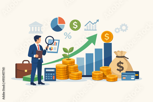 Businessman analyzing financial data for investment growth and profit maximization. Flat vector illustration with charts, graphs, coins, money bag, and calculator for business capital planning.