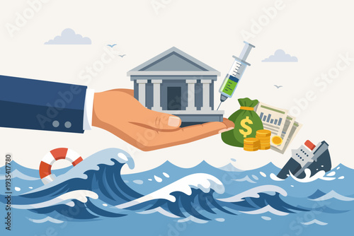Government bailout and financial rescue concept with a hand supporting a bank building above stormy seas, injecting a stimulus syringe to prevent bankruptcy and economic downfall in a crisis.