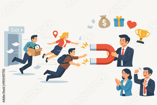 Employee Retention Strategy Concept with HR Manager Using Magnet to Attract and Keep Talented Staff with Incentives, Bonuses, and Benefits to Reduce Turnover and Resignation in Corporate Office