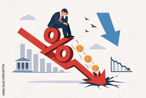 Businessman sitting on a falling red arrow shaped like a percentage sign, representing economic recession, interest rate reduction, financial crisis, market crash, and profit loss in business