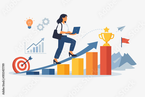 Professional woman climbing a bar graph towards a golden trophy, representing career advancement, business growth, success, motivation, and reaching milestones on the path to achievement.