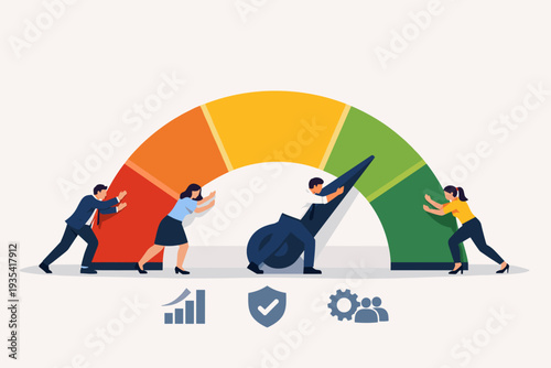 Business team pushing needle on performance rating gauge from red to green. Concept of risk management, employee survey score evaluation, grade assessment, productivity growth, and KPI success.
