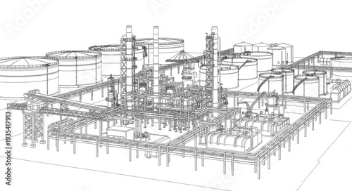Detailed industrial plant sketch showcasing complex infrastructure and structures in monochrome.