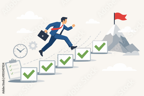 Businessman in suit leaping up steps with green checkmarks towards a mountain summit with a red flag, symbolizing project management, task tracking, productivity, success, and goal achievement.