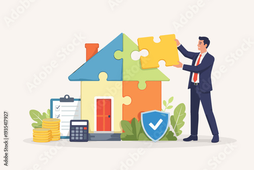 Businessman assembling house puzzle for real estate investment, mortgage loan planning, home buying process, property maintenance, insurance protection, and financial budget management concept.