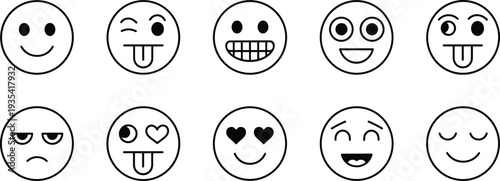 Ten black and white outline emoji faces with different expressions on white background emoticon icon