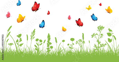 Colorful butterflies flying over green grass meadow silhouette, spring nature landscape vector illustration, garden field background with insects, summer floral botanical outdoor scene.