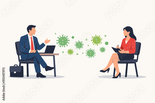 Social Distancing in Business Meeting to Prevent COVID-19 Coronavirus Spread, Man and Woman Sitting Apart with Virus Particles Illustrating Airborne Transmission Risk and Workplace Safety Measures