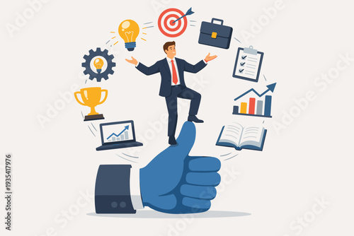 Businessman Standing on a Giant Thumbs Up Symbol Surrounded by Icons for Skills, Competence, Career Growth, Knowledge, Leadership, and Professional Achievement in a Flat Vector Illustration.