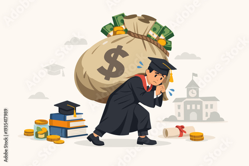 Graduated student in cap and gown struggling under the heavy weight of a massive money bag representing student loan debt, tuition costs, and the financial burden of college and university study.