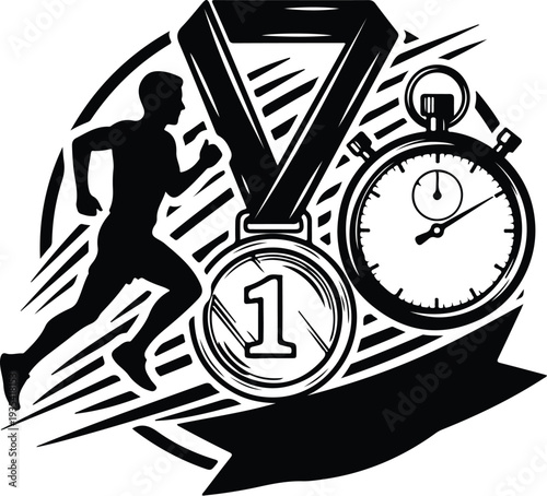 Runner winning first place with medal and stopwatch timing