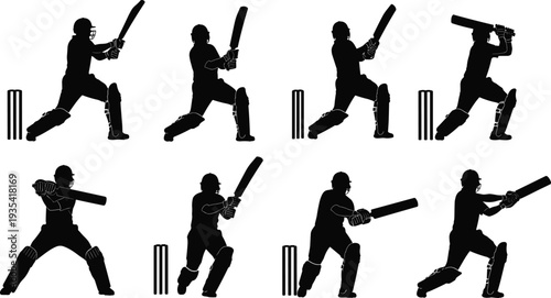 Cricket batsman silhouettes set, player batting action poses with helmet and wicket vector illustration isolated background