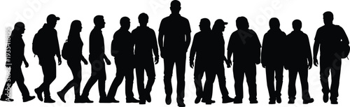 Crowd of people silhouette vector, diverse men and women standing together isolated on white background illustration set
