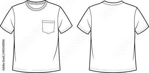 Men’s pocket t shirt mockup, front and back view, crew neck tee template isolated on white