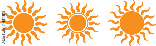 Three orange sun icons with wavy rays on a white background Keywords: sun, icon, orange, symbol, weather, heat, summer, bright