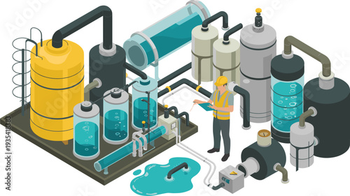 Industrial water purification plant with engineer, isometric factory illustration, chemical processing tanks, pipes, filtration system, professional maintenance, liquid treatment facility vector, isol