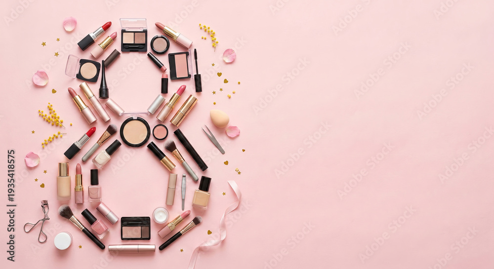 Fototapeta premium Women's cosmetics laid out in the figure eight, top view. Cosmetics without logos and without text. International Women's Day. March 8 holiday. Free space on the right. Pink background