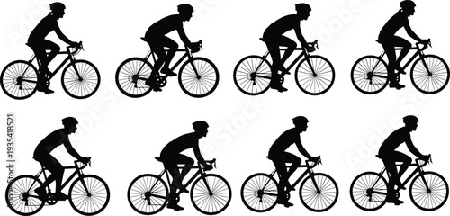 Cyclist silhouettes collection, road bike rider cycling action poses with helmet vector illustration isolated on white background