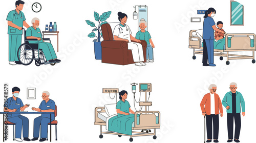 Medical care set with nurses assisting elderly patients in wheelchairs, hospital beds, clinical consultations, home nursing support, and senior rehabilitation for healthcare.