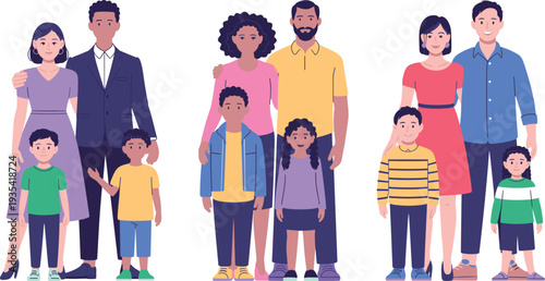 Diverse happy families standing together vector illustration, multicultural parents and children isolated on white background