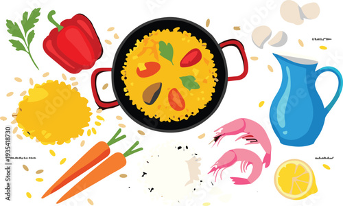 Traditional Spanish paella ingredients flat vector illustration with rice, shrimp, vegetables, lemon, garlic, pepper and cooking pot composition