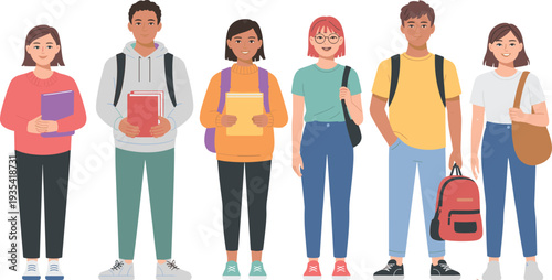 Diverse group of students standing together vector illustration, young college teenagers with backpacks and books isolated on white background