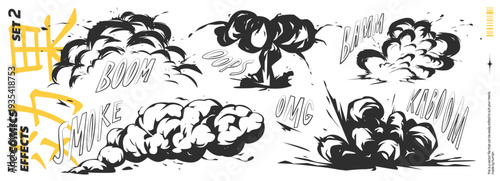 Effect, Comic, Explosion Smoke Background with Magic Book and Manga Bomb. Explosive Special Anime Art in Black and White Cartoon Design for Fantasy Game Assets. Fiery Vector Illustration.
