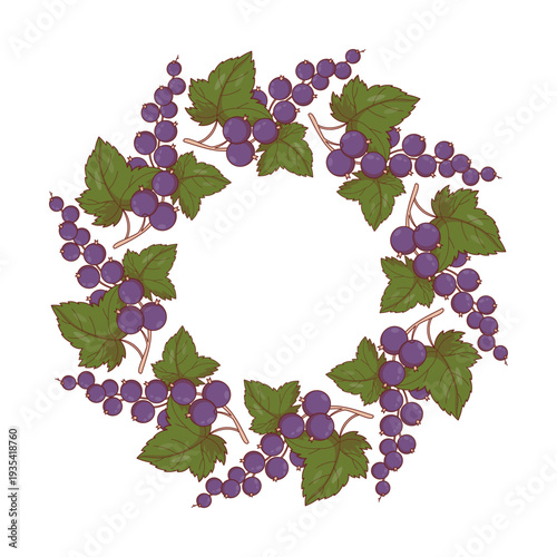 Black Currant Botanical Wreath. Berry Round Frame. Elegant floral Vector illustration