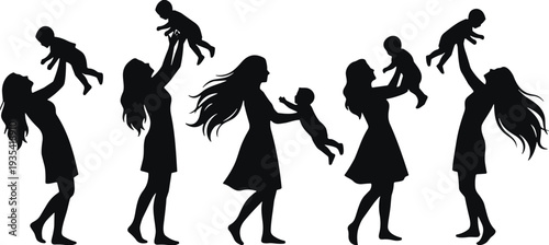 Mother holding baby silhouette set, happy mom lifting infant child, motherhood love, parent and toddler play, maternal care, family vector illustration, isolated.