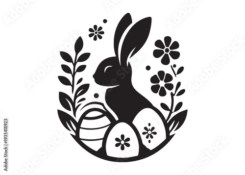 easter bunny eggs and flowers logo silhouette, easter eggs silhouette vector illustration,  decorative pattern logo silhouette, easter bunny eggs and floral logo silhouette design on white background