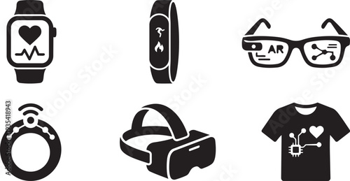 Wearable Technology, Personalized Health Intelligence and Connected Smart Device Ecosystem Sleek Fashion Minimalist Icon Set Vector Illustration