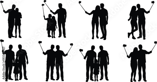 Family taking selfie with smartphone on stick, happy parents and children silhouettes vector illustration isolated background