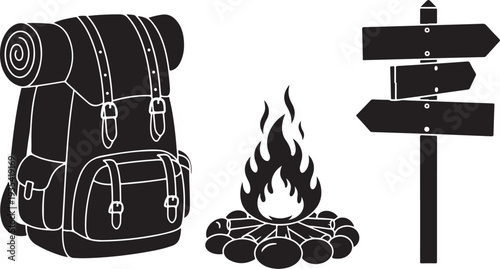 Camping adventure travel backpack fire signpost illustration