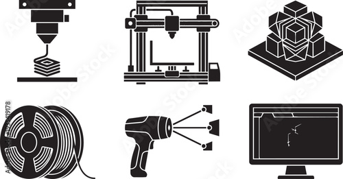 3D Printing Technology, Additive Manufacturing and Rapid Prototyping Systems Layered Constructive Geometry Icon Set Vector Illustration