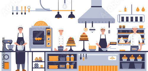 Professional bakery kitchen with chefs, bakers preparing cakes, pastries, bread, oven, mixer, kitchenware, commercial restaurant interior, sweet food production, flat vector illustration, isolated.