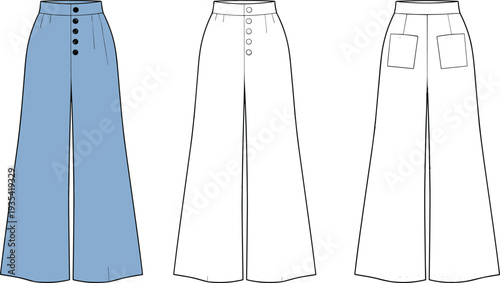 Fashion technical illustration of wide‑leg pants featuring high waistband, front button closure, patch pockets, structured pleats, and garment construction details shown in c